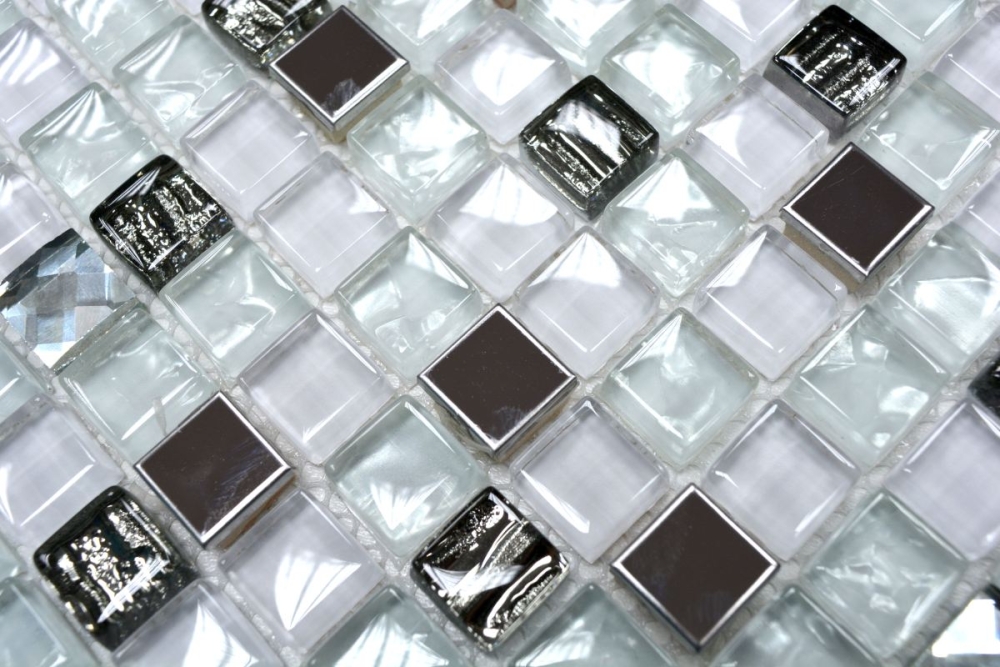 Mosaico cuadrado mosaico de vidrio mezcla de acero blanco mezcla de vidrio translucido acero inoxidable brillante