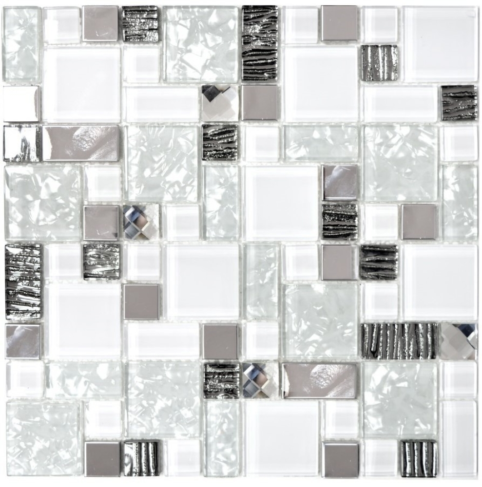 Mosaik Kombination Glasmosaik Stahl mix weiß Glas Mix Transluzent Edelstahl Kombinationsoptik glänzend