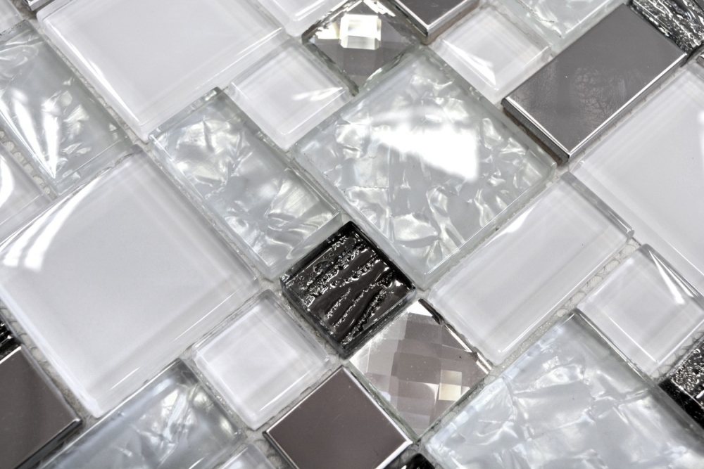 Mosaik Kombination Glasmosaik Stahl mix weiß Glas Mix Transluzent Edelstahl Kombinationsoptik glänzend
