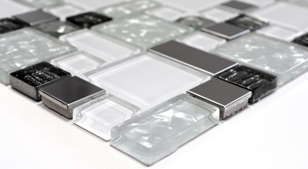 Mosaik Kombination Glasmosaik Stahl mix weiß Glas Mix Transluzent Edelstahl Kombinationsoptik glänzend