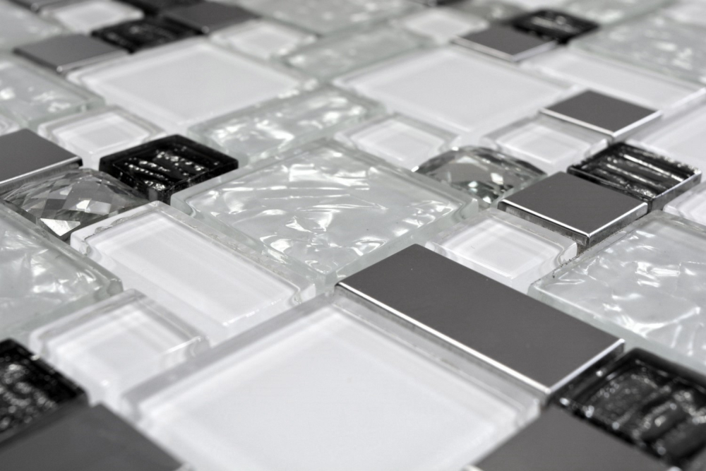 Mosaik Kombination Glasmosaik Stahl mix weiß Glas Mix Transluzent Edelstahl Kombinationsoptik glänzend