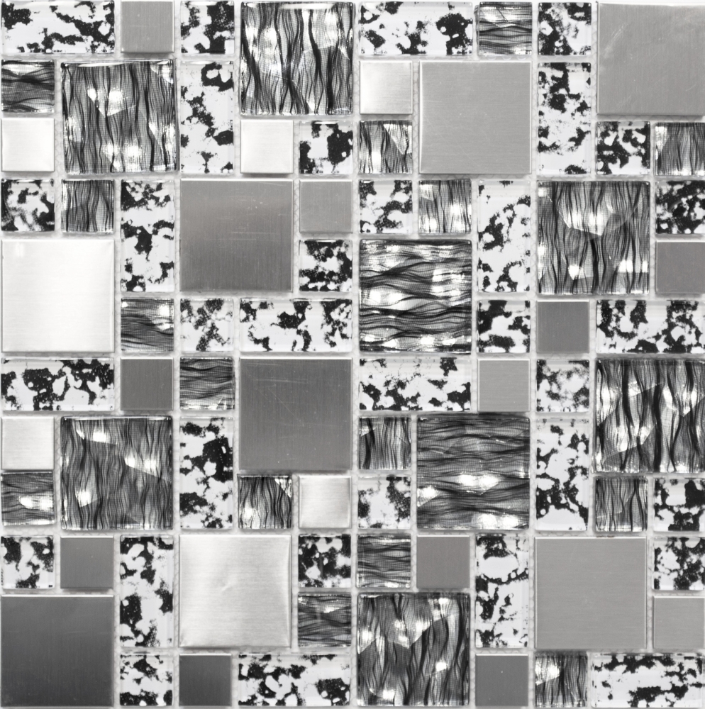 Mosaique de verre Carreau de mosaique Acier inoxydable Argent Blanc Noir - 88-0203