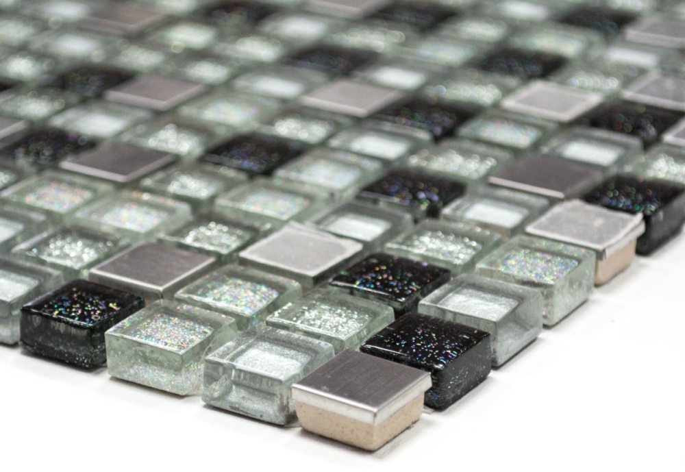 Mosaico cuadrado vidrio mosaico acero mezcla plata negro mezcla translucido acero inoxidable brillante