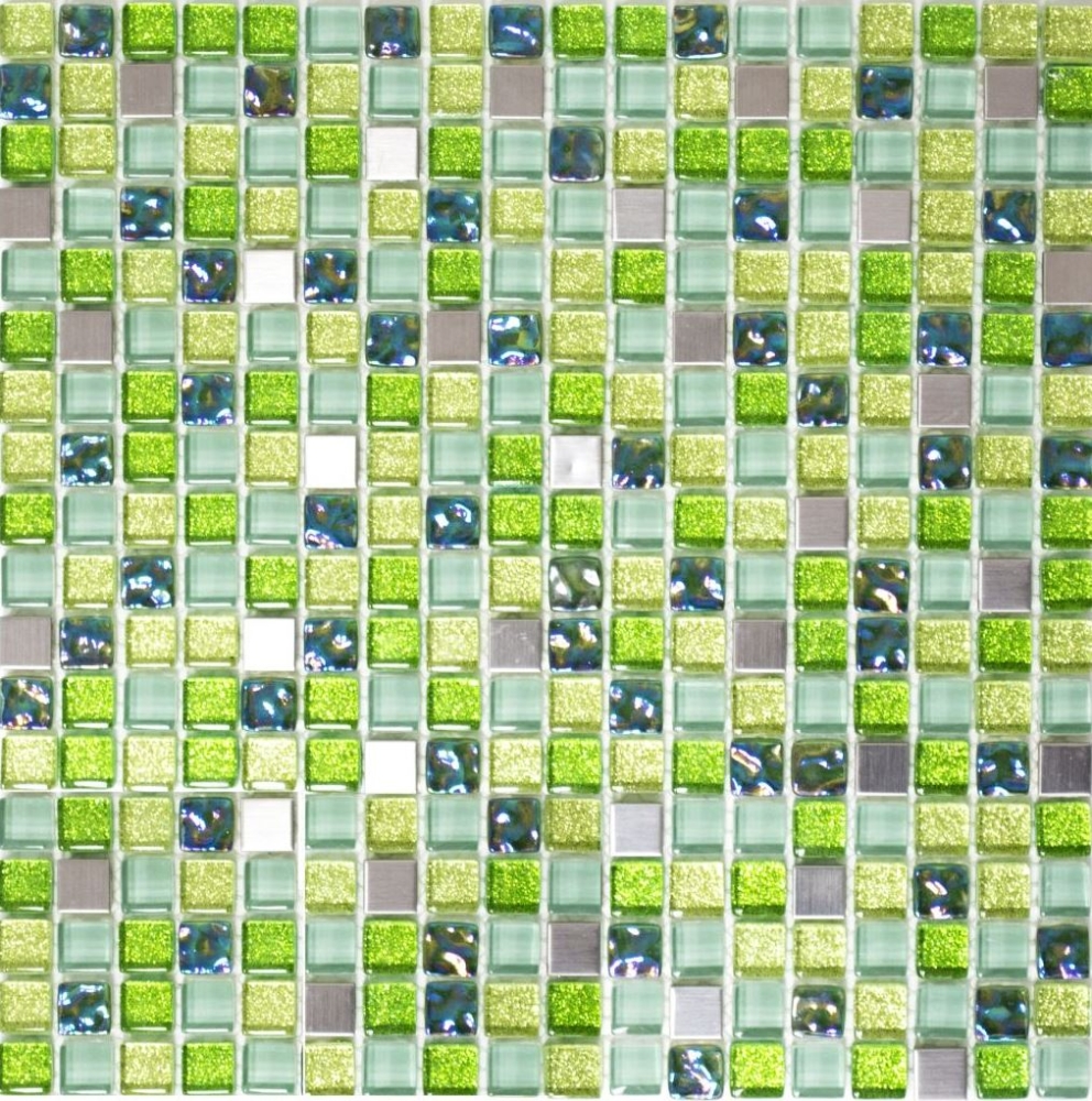 Mosaico cuadrado vidrio mosaico acero mezcla verde mezcla translucido acero inoxidable brillante