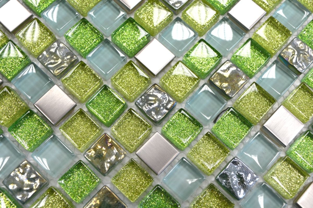 Mosaico cuadrado vidrio mosaico acero mezcla verde mezcla translucido acero inoxidable brillante