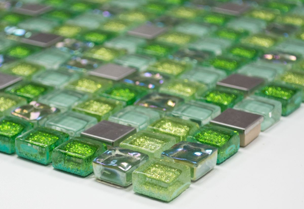 Mosaico cuadrado vidrio mosaico acero mezcla verde mezcla translucido acero inoxidable brillante