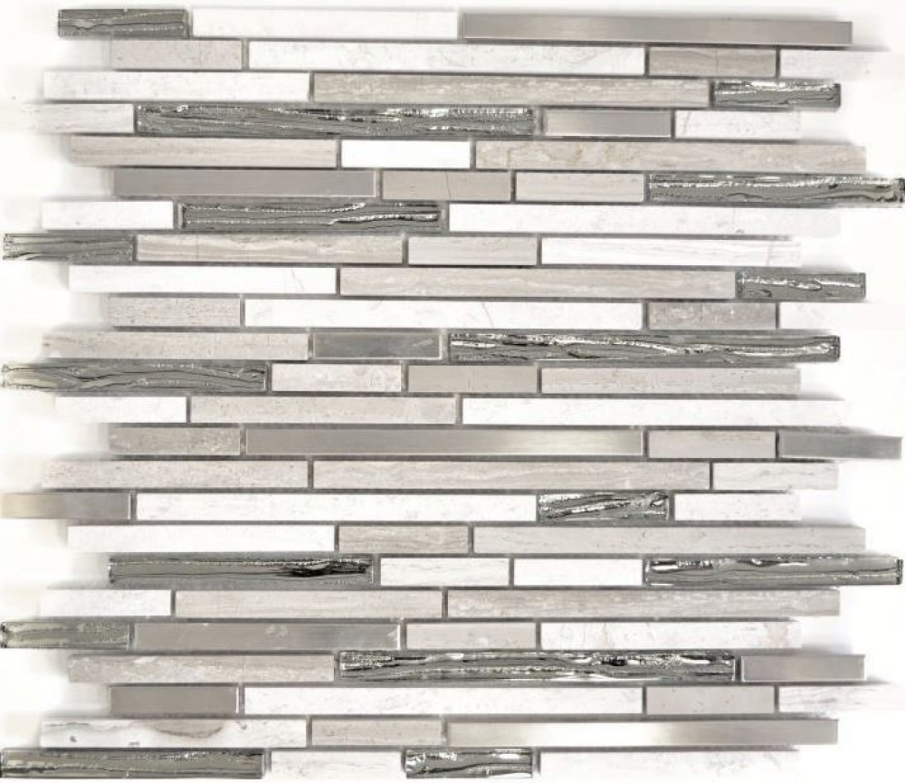 Mosaico composite look mix piedra translucida acero inoxidable mix madera blanca brillante - 10 hojas de mosaico