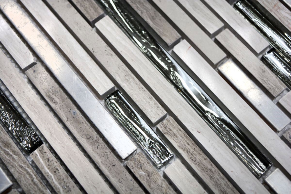 Mosaico composite look mix piedra translucida acero inoxidable mix madera blanca brillante - 10 hojas de mosaico