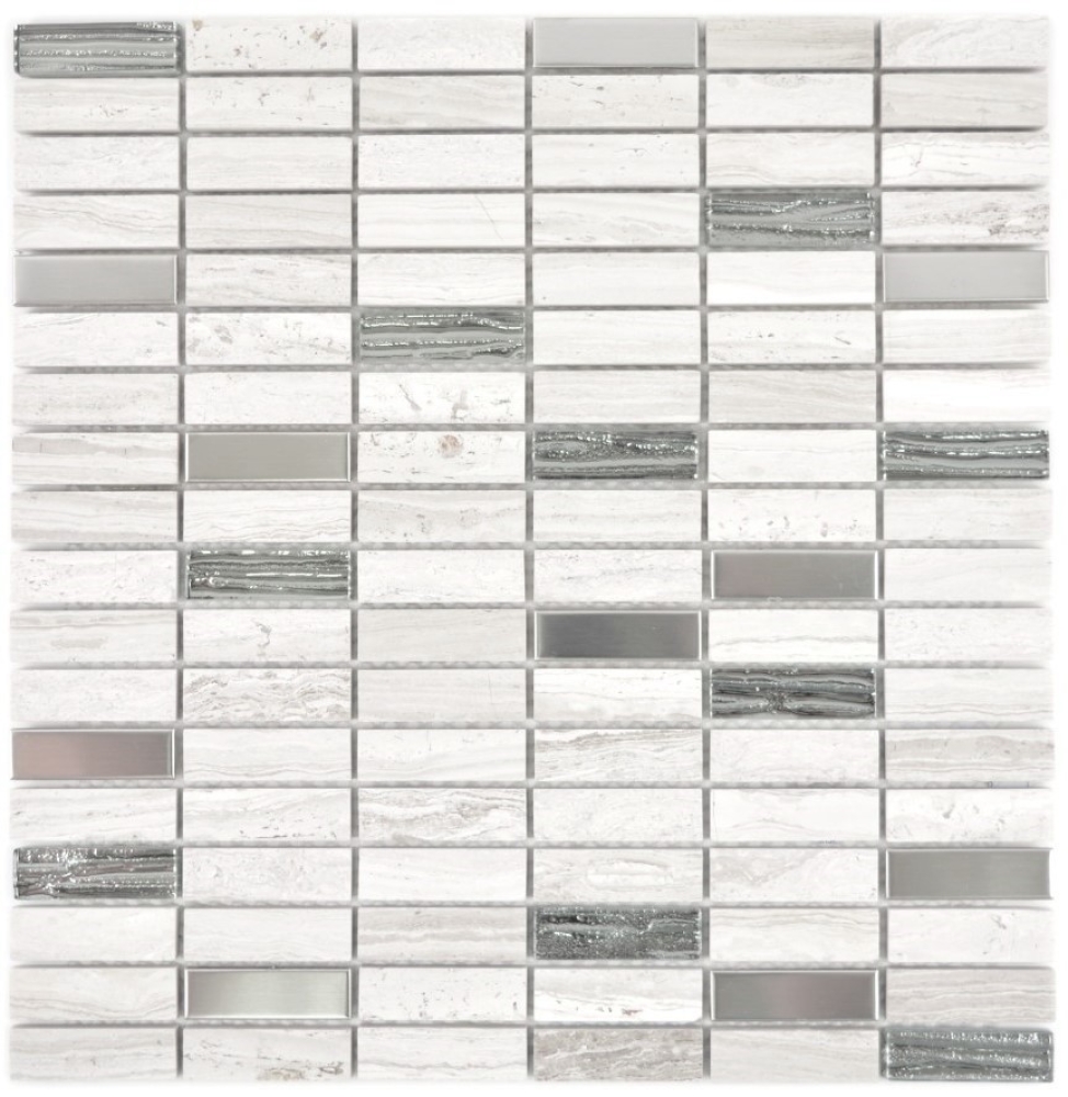 Mosaico cross bond look mix piedra translucida acero inoxidable mix gris blanco brillante - 10 hojas de mosaico