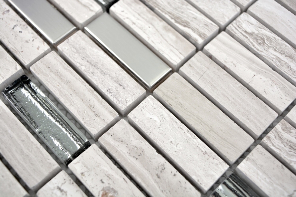 Mosaico cross bond look mix piedra translucida acero inoxidable mix gris blanco brillante - 10 hojas de mosaico
