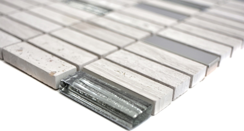 Mosaico cross bond look mix piedra translucida acero inoxidable mix gris blanco brillante - 10 hojas de mosaico