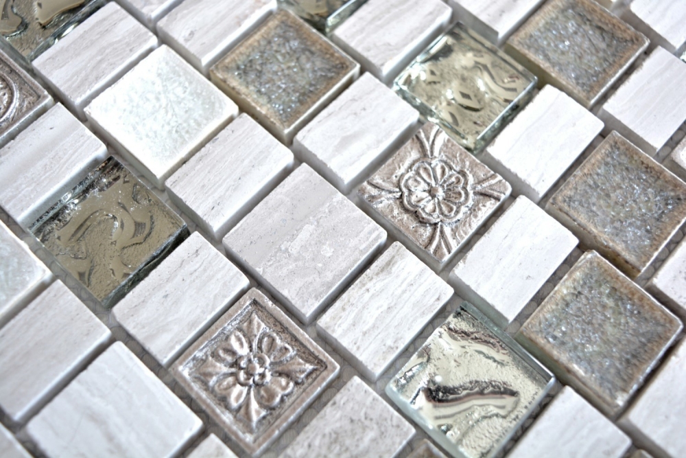 Mosaik Steine Verbund Mosaikfliese Resin Keramik grauweiß hellgrau cremebeige Multiformat Glasmosaik Fliesenspiegel - 82-2002