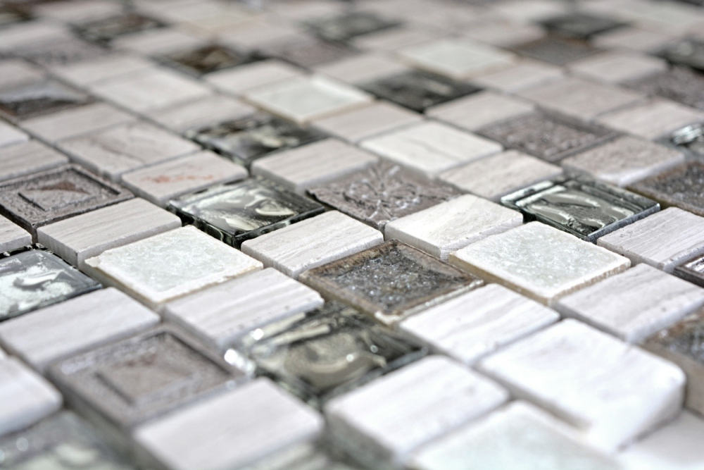Mosaique aspect relief Mix pierre translucide Resin Ceramique mix gris blanc brillant - 10 feuilles de mosaique