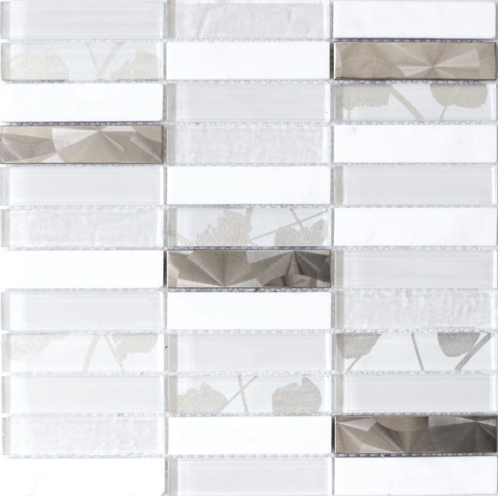 Mosaique rectangle mosaique de verre pierre mix acier blanc mix translucide inox aspect croise brillant