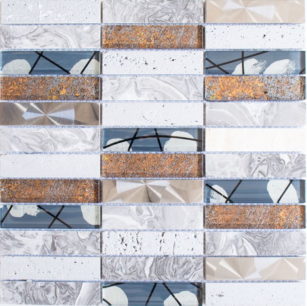 Mosaique Rectangle Mosaique de verre Pierre Acier Resin mix gris Mix Translucide Acier inoxydable Aspect croise brillant