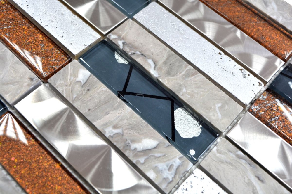 Mosaique Rectangle Mosaique de verre Pierre Acier Resin mix gris Mix Translucide Acier inoxydable Aspect croise brillant