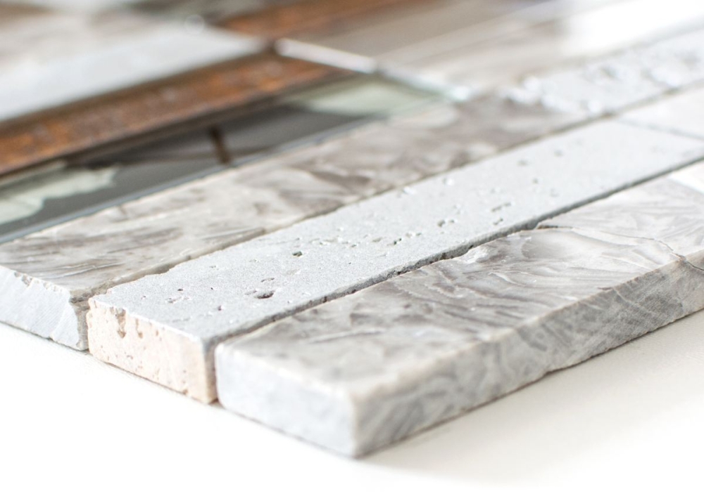 Mosaique Rectangle Mosaique de verre Pierre Acier Resin mix gris Mix Translucide Acier inoxydable Aspect croise brillant