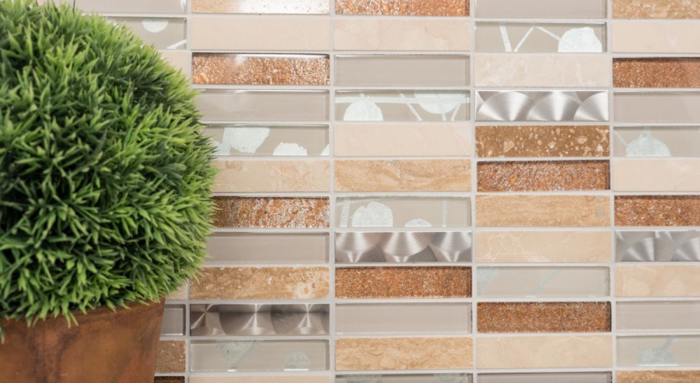 Mosaique rectangle mosaique de verre pierre mix acier beige mix translucide inox aspect croise brillant