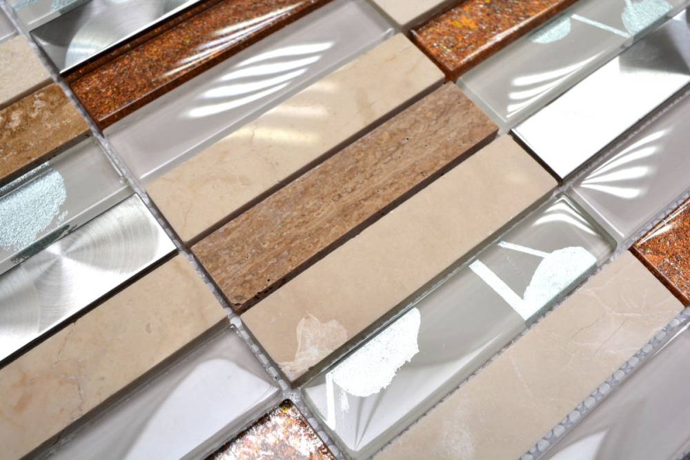 Mosaique rectangle mosaique de verre pierre mix acier beige mix translucide inox aspect croise brillant
