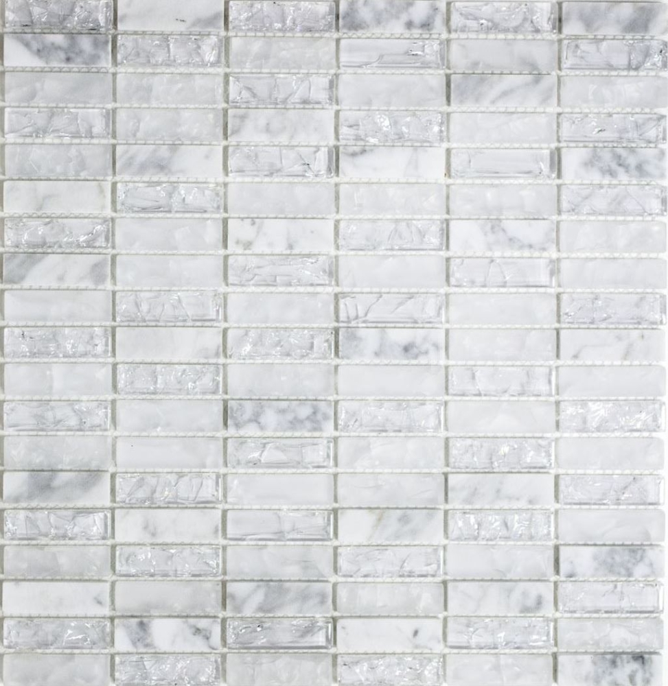 Riemchen Rechteck Mosaikfliesen Glasmosaik weiß Bruchmosaik Marmor Naturstein Küchenrückwand Fliesenspiegel - 87-s1211