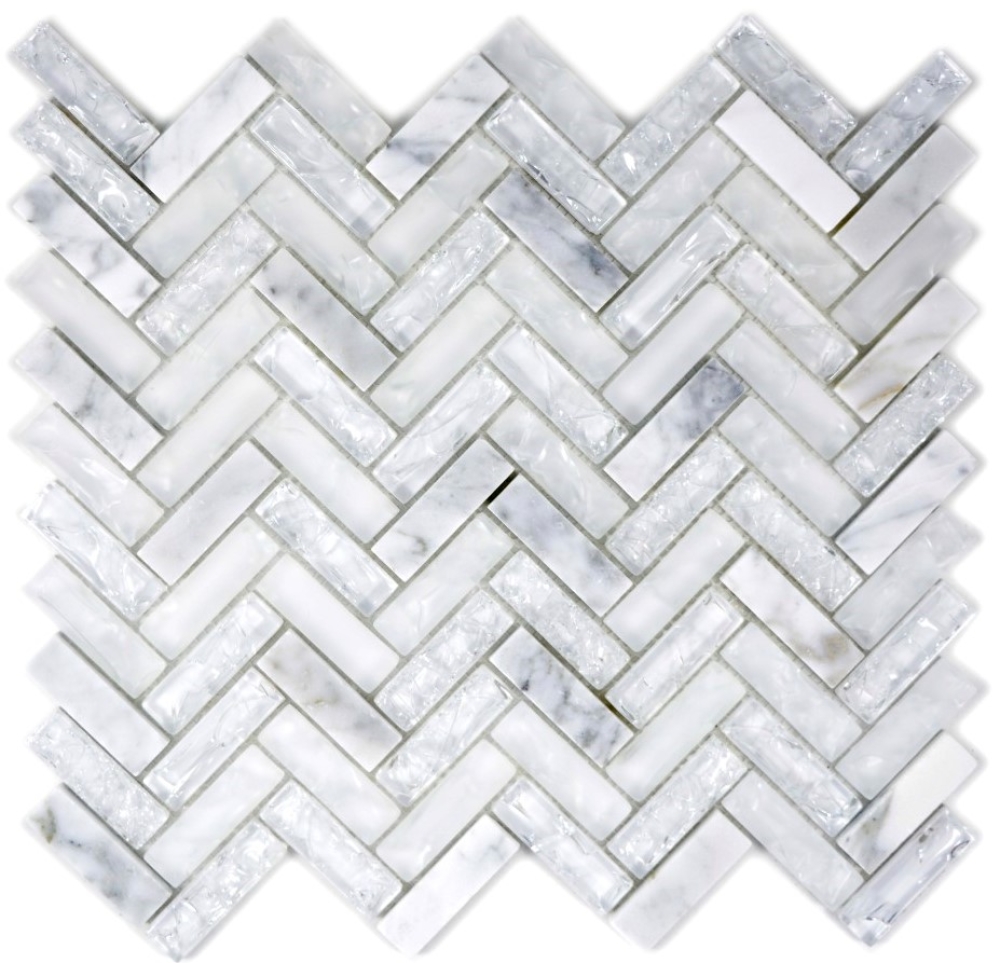 Mosaique de verre gris poisson mix blanc mix translucide aspect gris poisson brillant