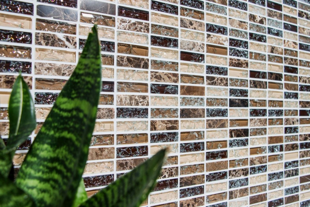 Riemchen Rechteck Mosaikfliesen Glasmosaik Bruchglas Marmor Naturstein dunkelbraun beige Wand Bad Küche WC - 87-S1255