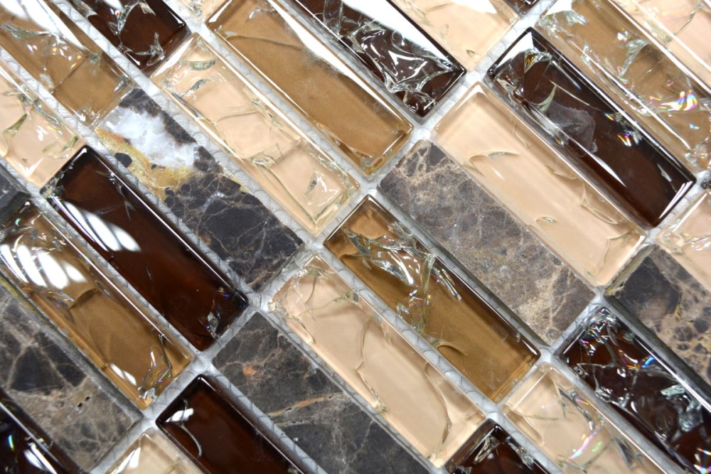 Batonnets de mosaique de verre pierre mix emperador fonce mix translucide aspect croise beige fonce brillant