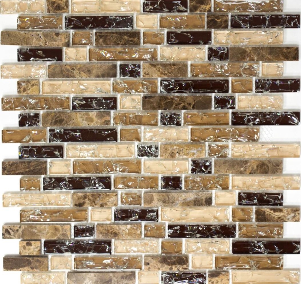 Mosaik Verbund Glasmosaik Stein mix emperador dunkel Mix Transluzent Mauerverbandoptik dunkelbeige glänzend