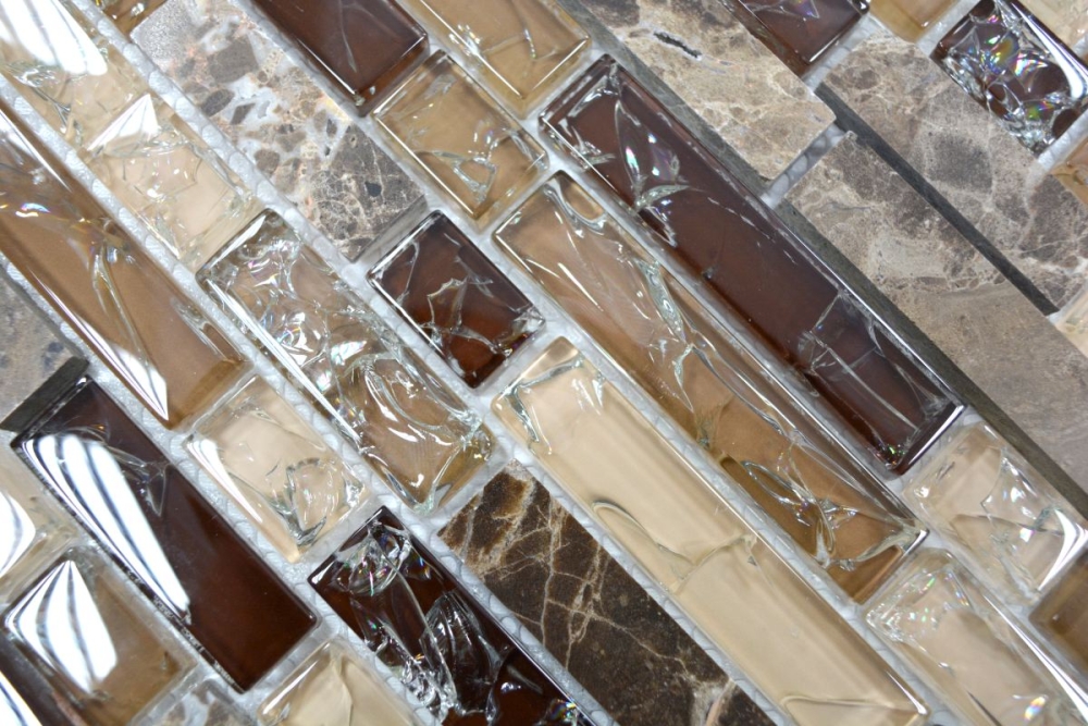 Mosaik Verbund Glasmosaik Stein mix emperador dunkel Mix Transluzent Mauerverbandoptik dunkelbeige glänzend