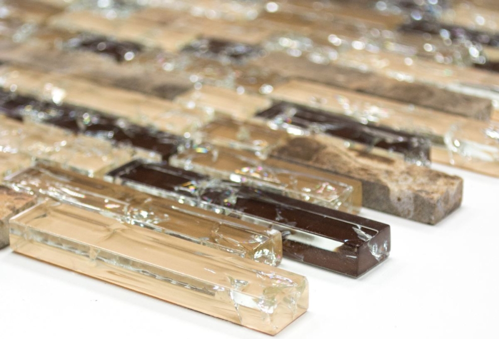 Mosaik Verbund Glasmosaik Stein mix emperador dunkel Mix Transluzent Mauerverbandoptik dunkelbeige glänzend