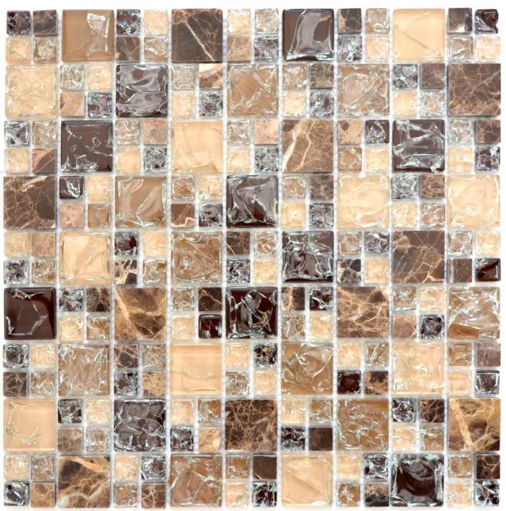 Pierre naturelle Mosaique de verre Marbre Carreaux de mosaique brun fonce creme beige brisures de verre Carrelage cuisine salle de bain - 87-K1455