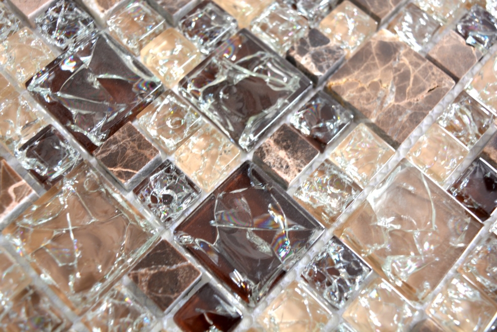Pierre naturelle Mosaique de verre Marbre Carreaux de mosaique brun fonce creme beige brisures de verre Carrelage cuisine salle de bain - 87-K1455