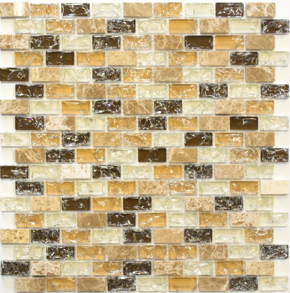 Mosaik Stäbchen Verbund Naturstein Mosaikfliese hellbeige braun Brick Glasmosaik Bruchglas Marmor Küchenrückwand Bad WC - 87-B1153