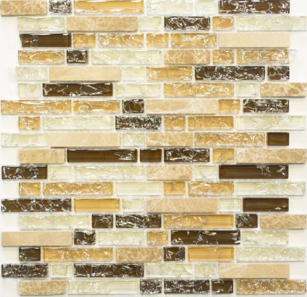 Glasmosaik Naturstein Stäbchen Mosaikfliesen hellbraun beige creme Bruchglas Wandfliese Küche Bad WC - MOS87-V1353