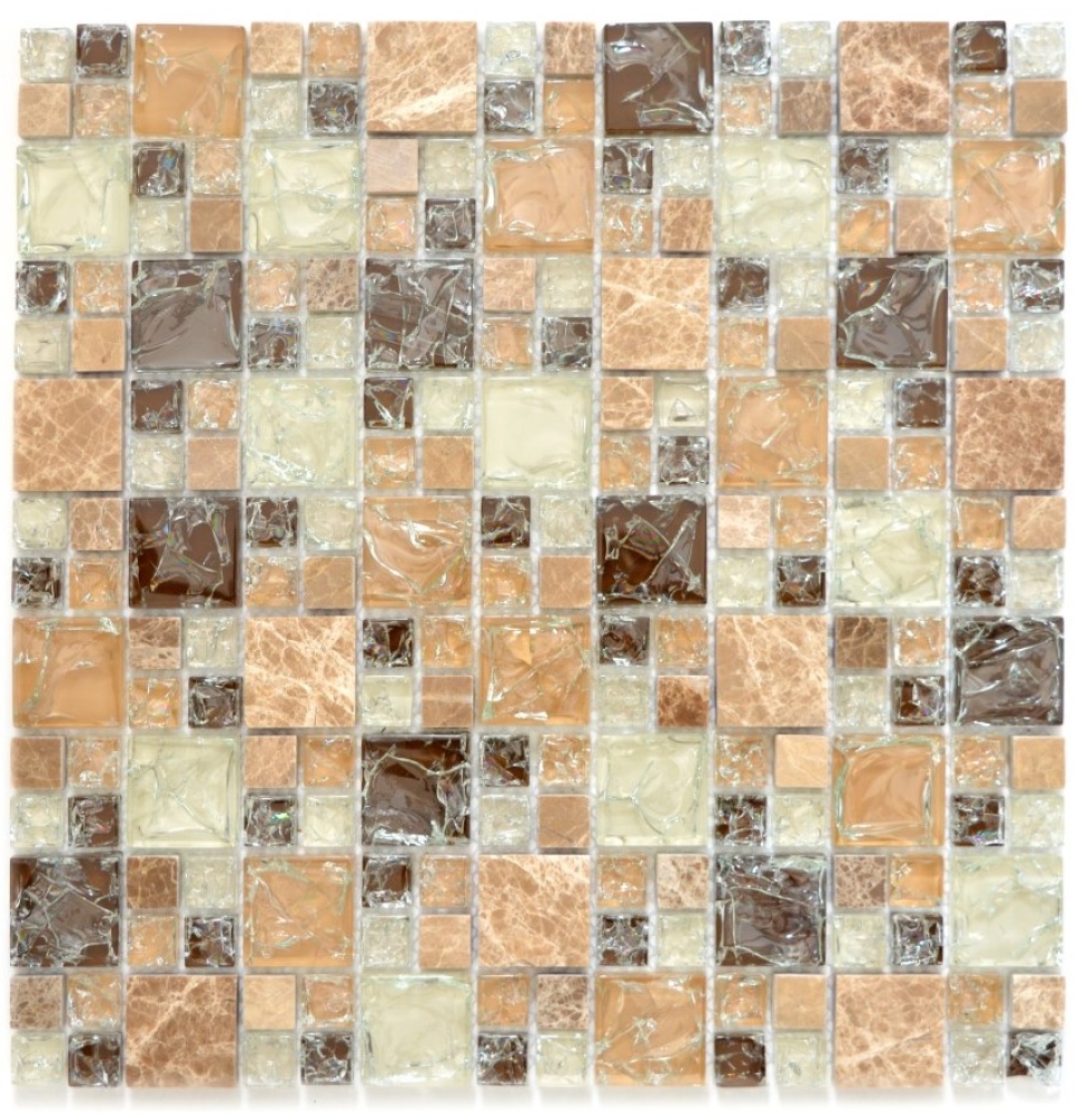 Naturstein Glasmosaik Marmor Mosaikfliesen hellbraun creme beige Bruchglas Fliesenspiegel Küche Wand - 87-K1453