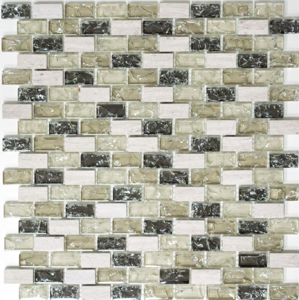 Mosaik Stäbchen Verbund Naturstein Mosaikfliese graugrün beige Brick Glasmosaik Bruchglas Marmor Fliesenspiegel Wand Küche - 87-B1152