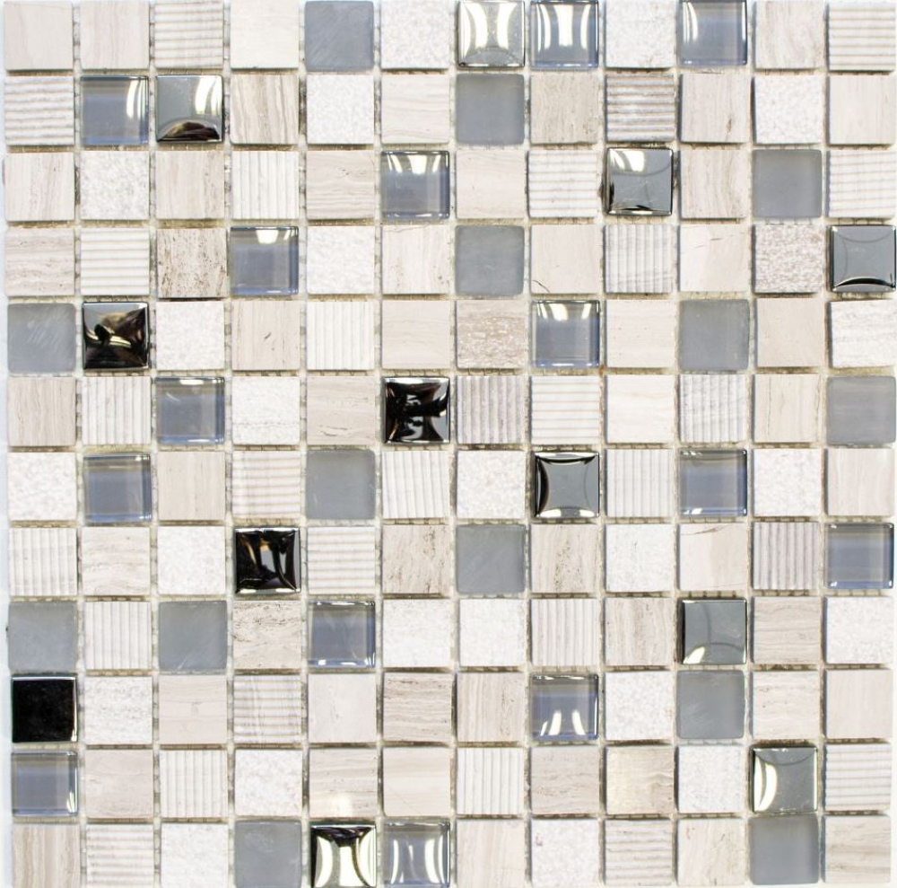 Naturstein Rustikal Mosaikfliese Glasmosaik Marmor hellgrau silber beige Milchglas Fliesenspiegel Wand Küche Bad WC - 92-HQ20