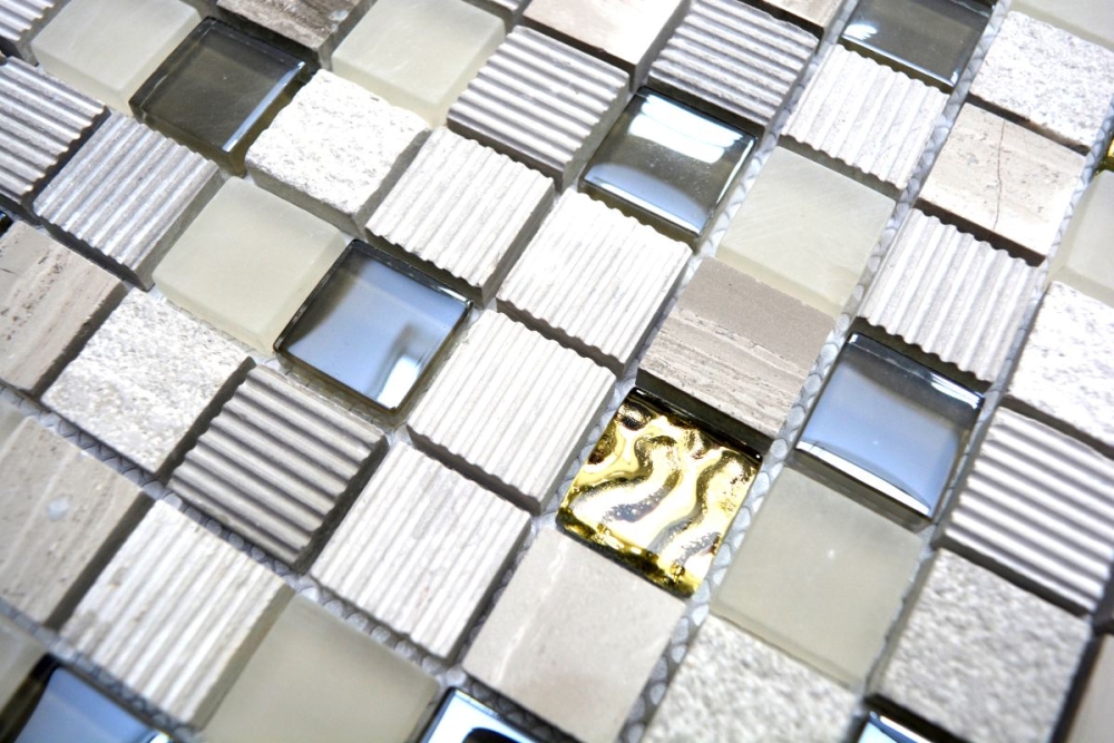 Mosaico mezcla piedra translucida gris claro oro mate - 10 hojas de mosaico