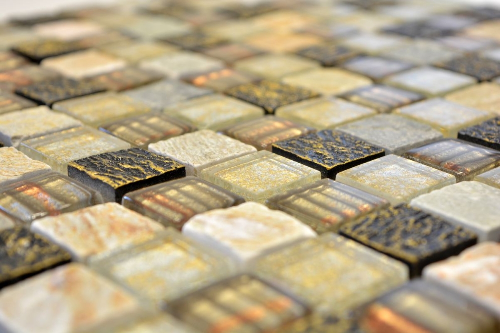 Naturstein Rustikal Quarzit Mosaikfliese Glasmosaik Resin gold braun beige Struktur Fliesenspiegel Küchenrückwand Bad WC - 83-CR17