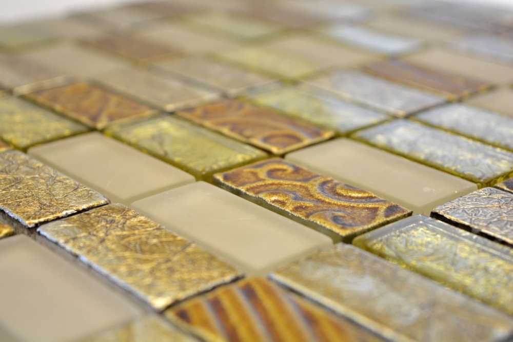 Riemchen Rechteck Mosaikfliesen Glasmosaik Stein Retro gold beige creme Struktur Wandverkleidung Küche Bad - 83-CRS4