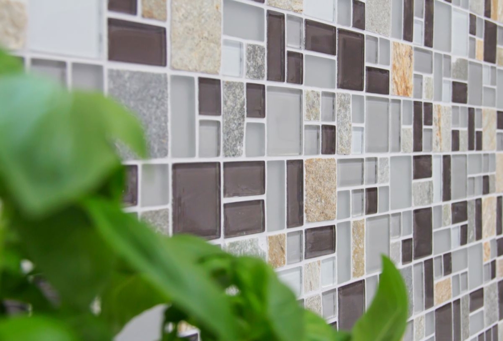 Naturstein Glasmosaik Mosaikfliesen grau braun weiß anthrazit Küchenrückwand Fliesenspiegel Bad - 88-0206