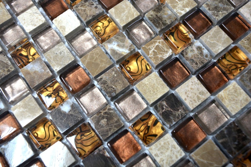 Mosaico cuadrado de vidrio mosaico de piedra mezcla beige marron translucido brillante