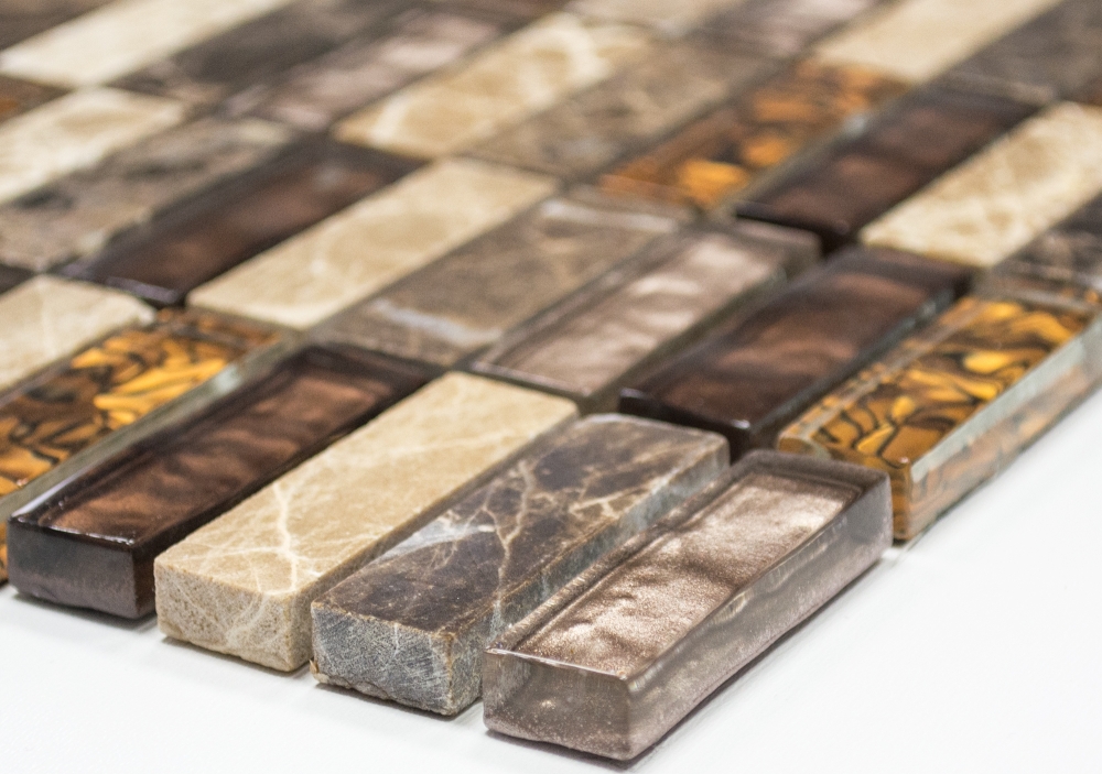 Piezas de mosaico de vidrio mosaico de piedra mezcla de color beige mezcla de color marron translucido cross-bond mirada brillante