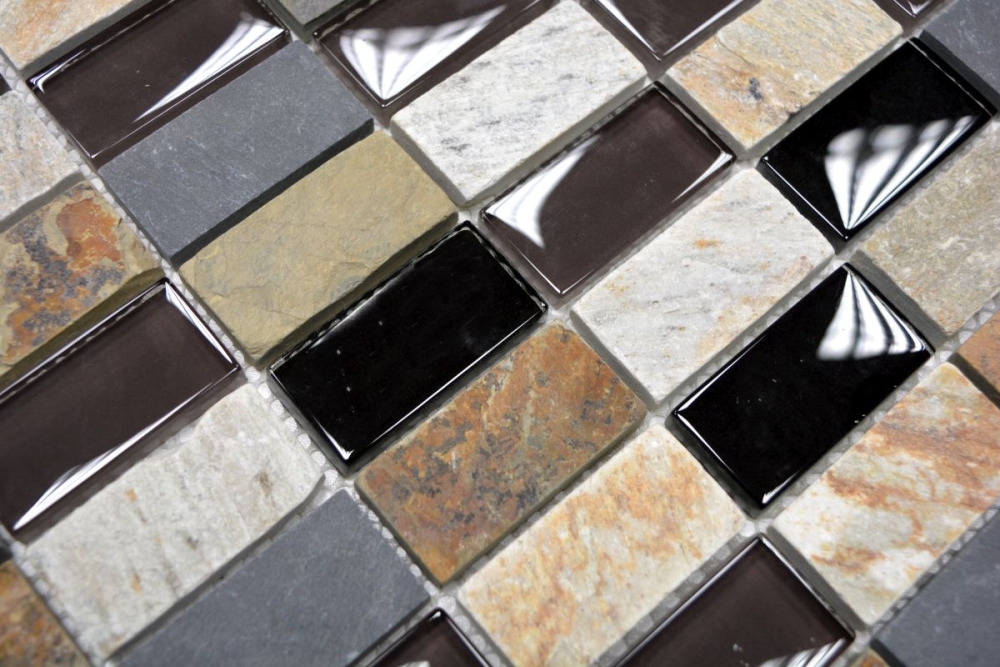 Mosaik Rechteck Glasmosaik Stein mix Mix Transluzent Kreuzverbandoptik beige braun grau schwarz glänzend