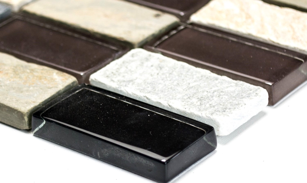 Riemchen Rechteck Mosaikfliesen Glasmosaik beige schwarz anthrzit Stein Fliesenspiegel Küchenrückwand Bad WC - 87-1312
