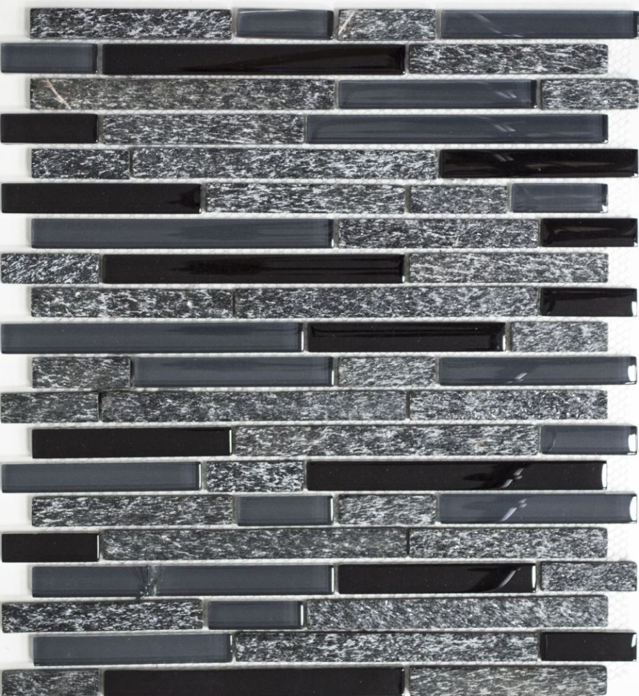 Mosaik Verbund Glasmosaik Stein mix grau schwarz Mix Transluzent Mauerverbandoptik glänzend