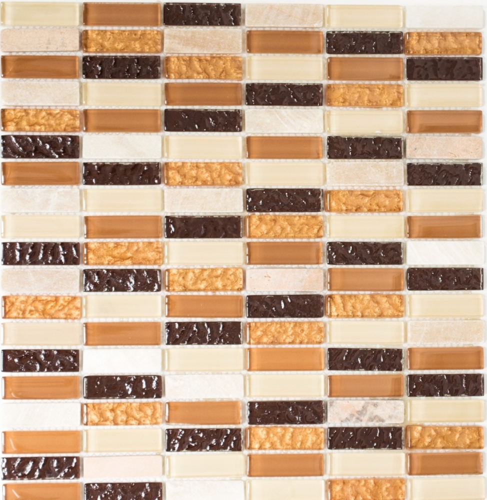 Mosaico rectangular tiras de mosaico de vidrio beige marron ocre naranja piedra natural backsplash - S87-1206