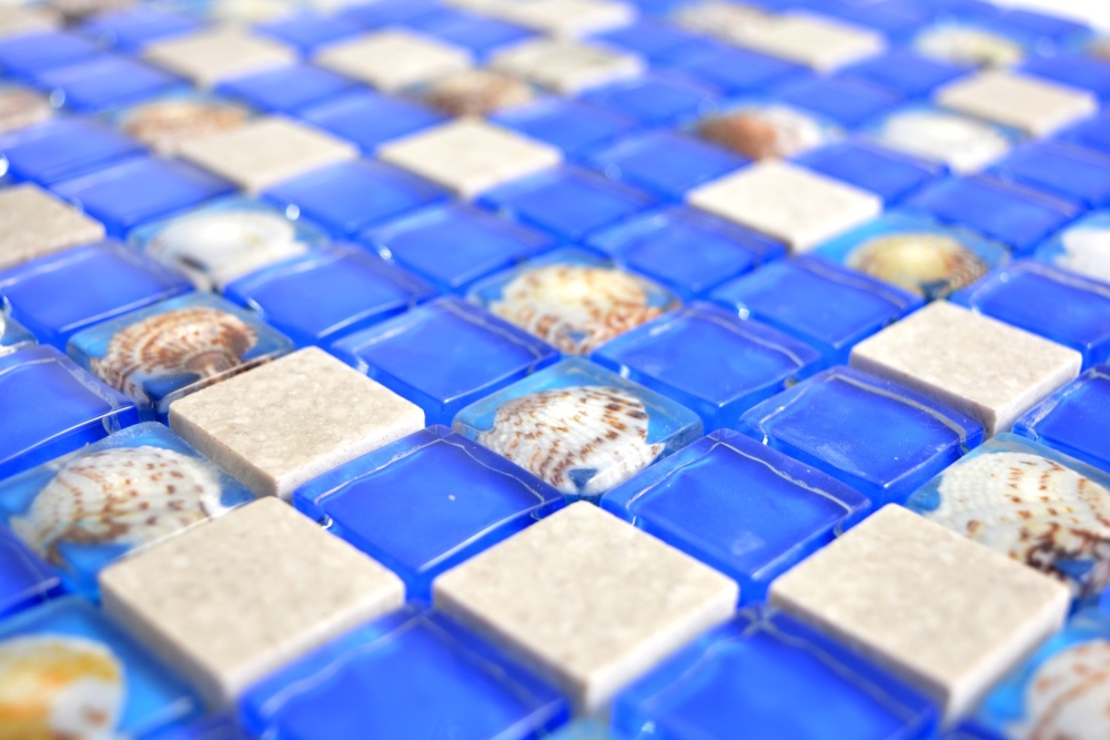 Muschelmosaik Glasmosaik beige dunkelblau Fliesenspiegel Bad WC Küche - 82C-0402