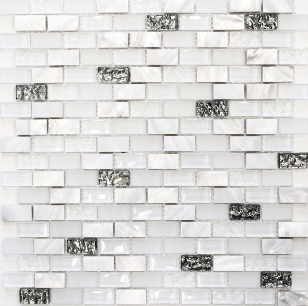 Mosaik Stäbchen Verbund Naturstein Mosaikfliese weiß silber Brick Glasmosaik Muschel Struktur Küchenrückwand Bad WC - 87-B01S