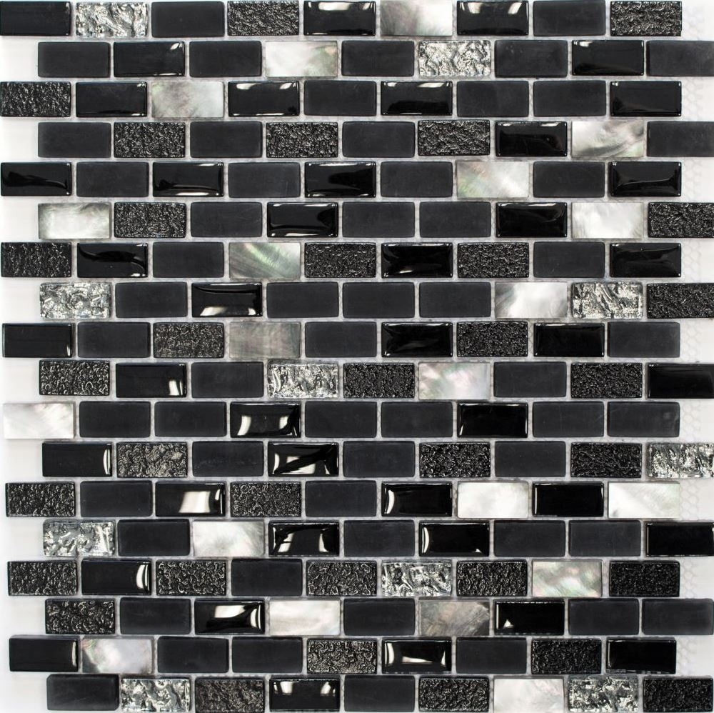 Mosaique aspect maconnerie MIX pierre translucide mix coquillage noir brillant - 10 feuilles de mosaique